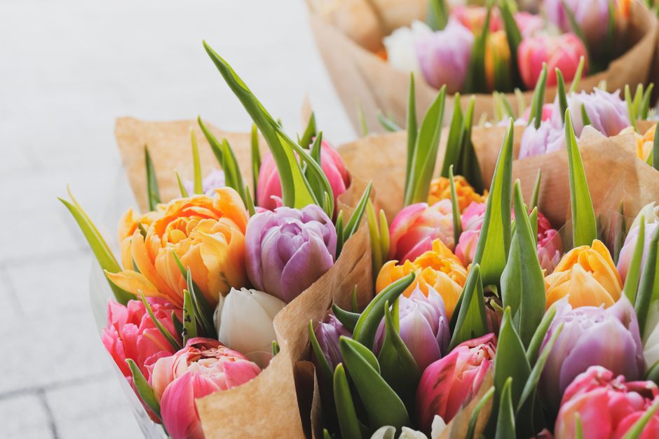 A vibrant arrangement of fresh tulips in shades of pink, purple, orange, and white, wrapped in brown kraft paper with green leaves and stems visible. The tulips are arranged closely together, with som