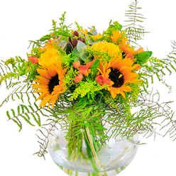 From the first glance, this bouquet is a sunlit celebration-radiant sunflowers and luxurious yellow garden roses aglow in a modern glass vase, reflecting the lively rhythms of Poplar's community. The sunflowers, with their robust golden petals sweeping outward from bold, chocolate-brown centers, hint at late-summer afternoons spent near All Saints Church or along the bustling streets of this vibrant East London neighbourhood. Between them, the garden roses unfurl with quiet poise, their buttery petals layered in soft spirals, whispering classic romance and the comfort of familiar places. Among the blooms, bright red Hypericum berries pop-glossy and spirited, providing cheerful contrast and depth among the deep greens. The bouquet's lush foundation of ferns, airy goldenrod with clusters of tiny yellow flowers, and slender green spikes weaves a rich, tactile narrative, suggesting both motion and tranquility. Bluish-green eucalyptus leaves flicker at the edges of the arrangement, adding fresh, aromatic notes that lend a gentle rusticity. The clear, spherical vase elegantly cradles every stem, the visible tangle beneath the water testimony to floral artistry and attention to detail. This arrangement is ideal for marking special milestones-from birthdays to anniversaries-or simply for sending sunshine and goodwill across Poplar and beyond, a true reflection of Poplar Florist's heartfelt connection to its community.